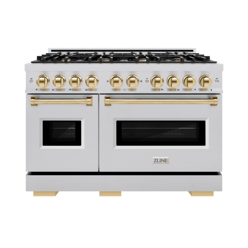 Autograph Edition 48 In. 6.7 Cu. Ft. Classic Double Oven Gas Range With 8 Burner Cooktop In Stainless Steel And Polished Gold Accents CGRZ48G