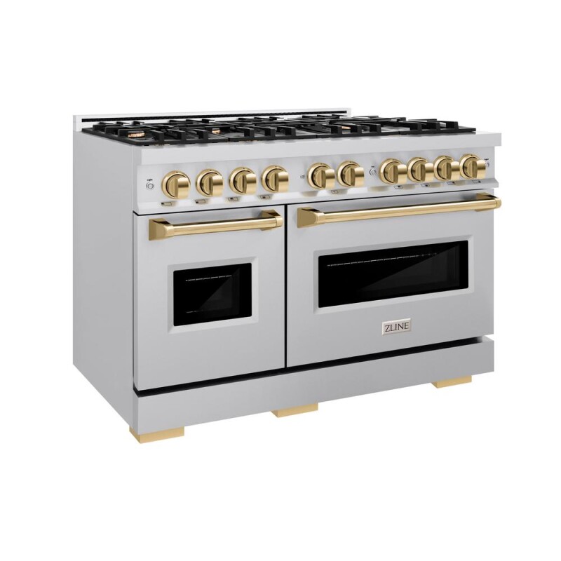 ZLINE Autograph Edition 48 in. 6.7 cu. ft. Classic Double Oven Gas Range with 8 Burner Cooktop in Stainless Steel and Polished Gold Accents (CGRZ-48-G) CGRZ48G