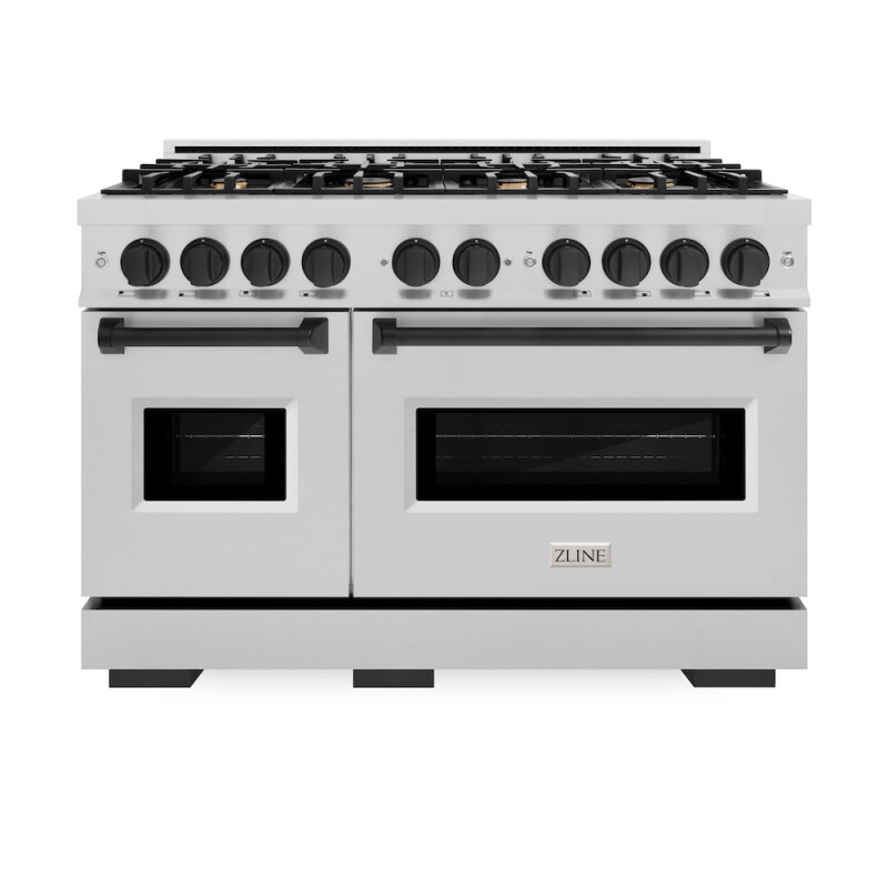 Autograph Edition 48 In. 6.7 Cu. Ft. Classic Double Oven Gas Range With 8 Burner Cooktop In Stainless Steel And Matte Black Accents CGRZ48MB