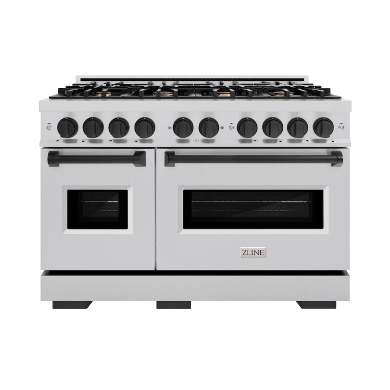 Autograph Edition 48 In. 6.7 Cu. Ft. Classic Double Oven Gas Range With 8 Burner Cooktop In Stainless Steel And Matte Black Accents CGRZ48MB