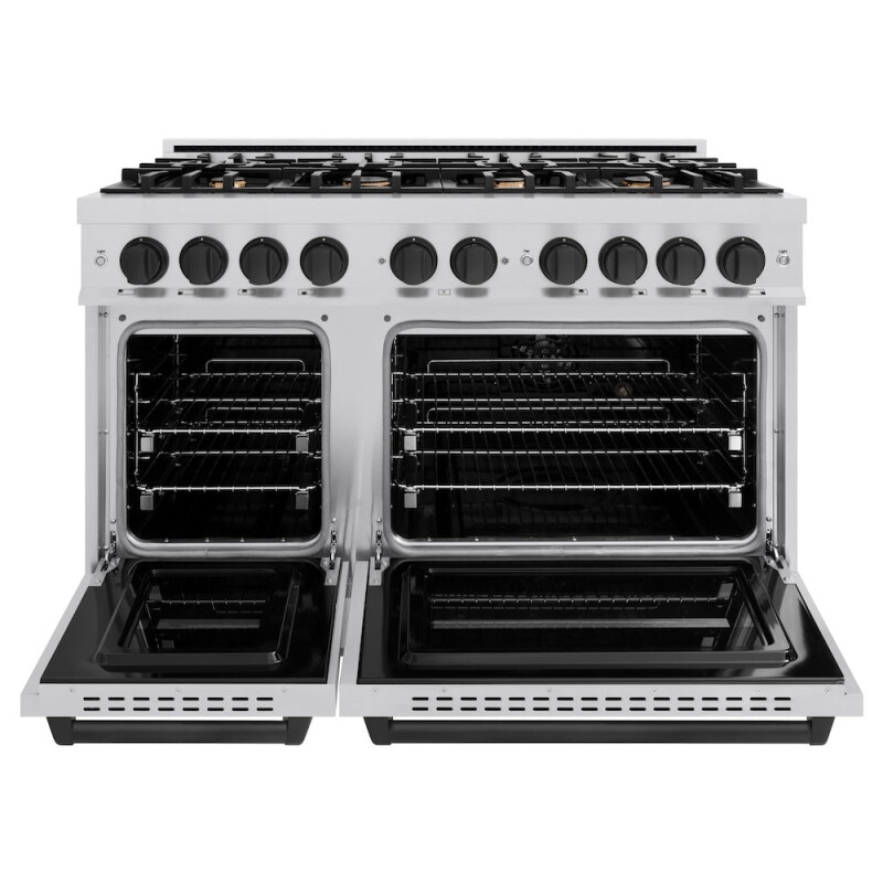 Autograph Edition 48 In. 6.7 Cu. Ft. Classic Double Oven Gas Range With 8 Burner Cooktop In Stainless Steel And Matte Black Accents CGRZ48MB
