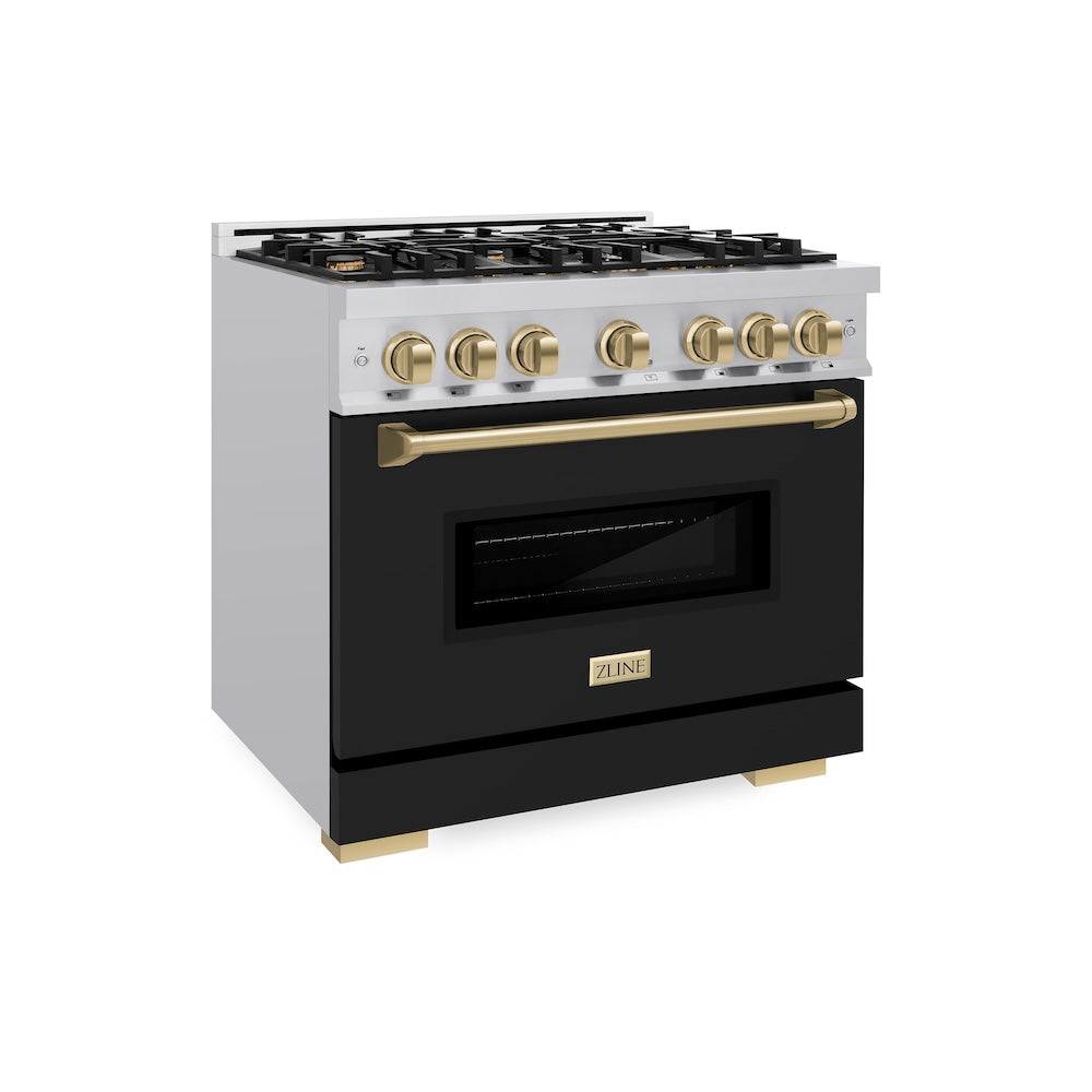 Autograph Edition 36 In. 5.2 Cu. Ft. Classic Gas Range With 6 Burner Cooktop And Convection Gas Oven In Stainless Steel With Black Matte Door And Champagne Bronze Accents CGRZBLM36CB