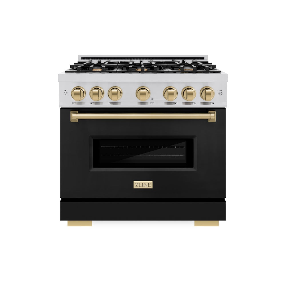 Autograph Edition 36 In. 5.2 Cu. Ft. Classic Gas Range With 6 Burner Cooktop And Convection Gas Oven In Stainless Steel With Black Matte Door And Champagne Bronze Accents CGRZBLM36CB