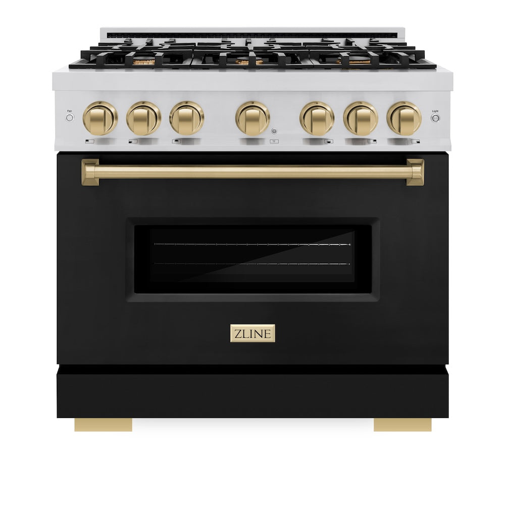 Autograph Edition 36 In. 5.2 Cu. Ft. Classic Gas Range With 6 Burner Cooktop And Convection Gas Oven In Stainless Steel With Black Matte Door And Champagne Bronze Accents CGRZBLM36CB