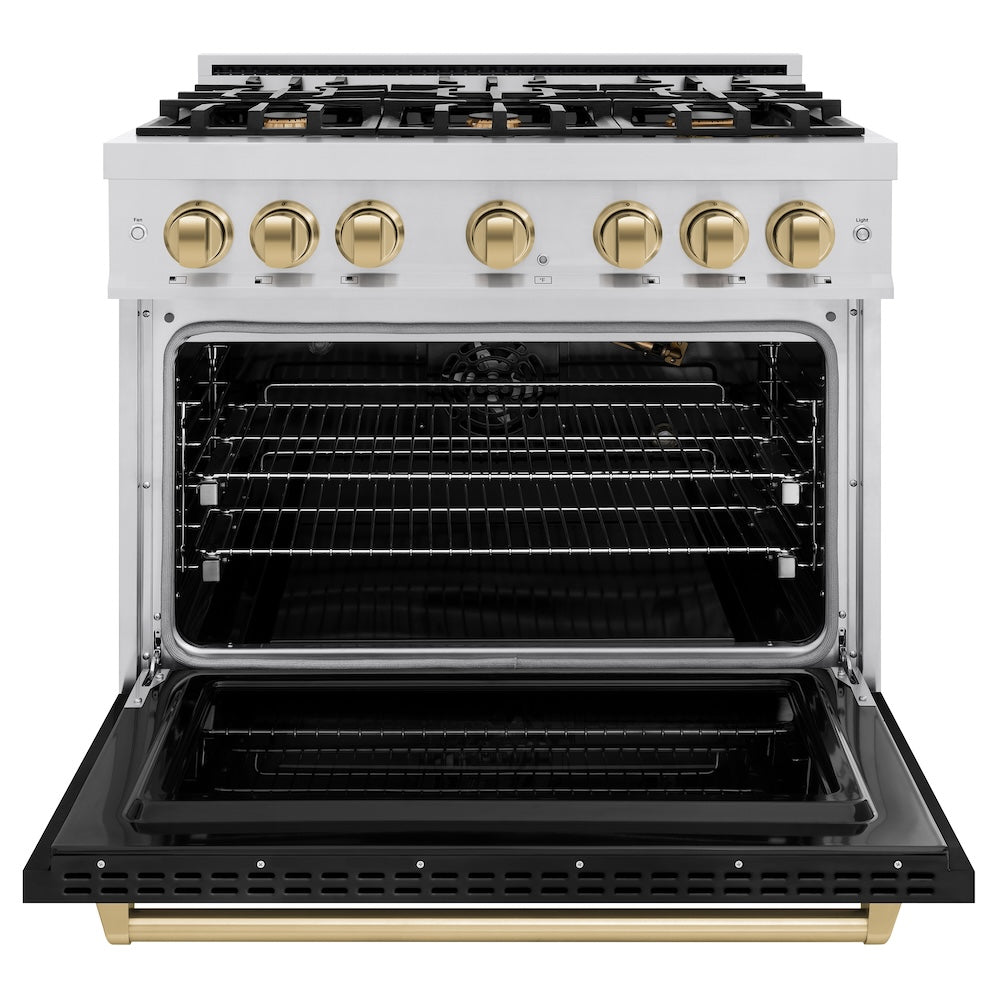 Autograph Edition 36 In. 5.2 Cu. Ft. Classic Gas Range With 6 Burner Cooktop And Convection Gas Oven In Stainless Steel With Black Matte Door And Champagne Bronze Accents CGRZBLM36CB