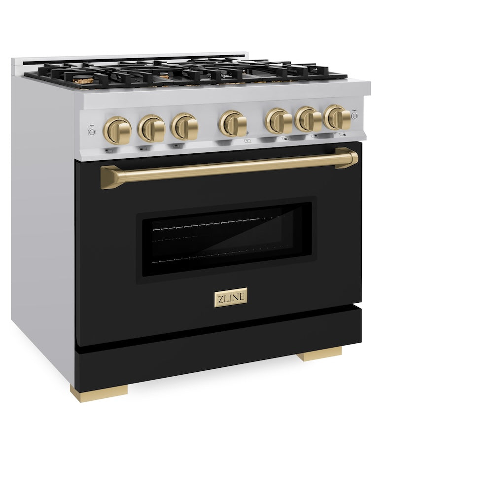 Autograph Edition 36 In. 5.2 Cu. Ft. Classic Gas Range With 6 Burner Cooktop And Convection Gas Oven In Stainless Steel With Black Matte Door And Champagne Bronze Accents CGRZBLM36CB