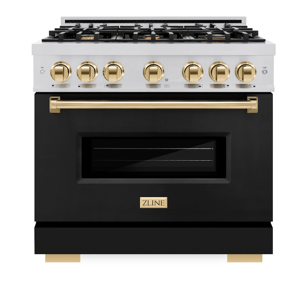 Autograph Edition 36 In. 5.2 Cu. Ft. Classic Gas Range With 6 Burner Cooktop And Convection Gas Oven In Stainless Steel With Black Matte Door And Polished Gold Accents CGRZBLM36G
