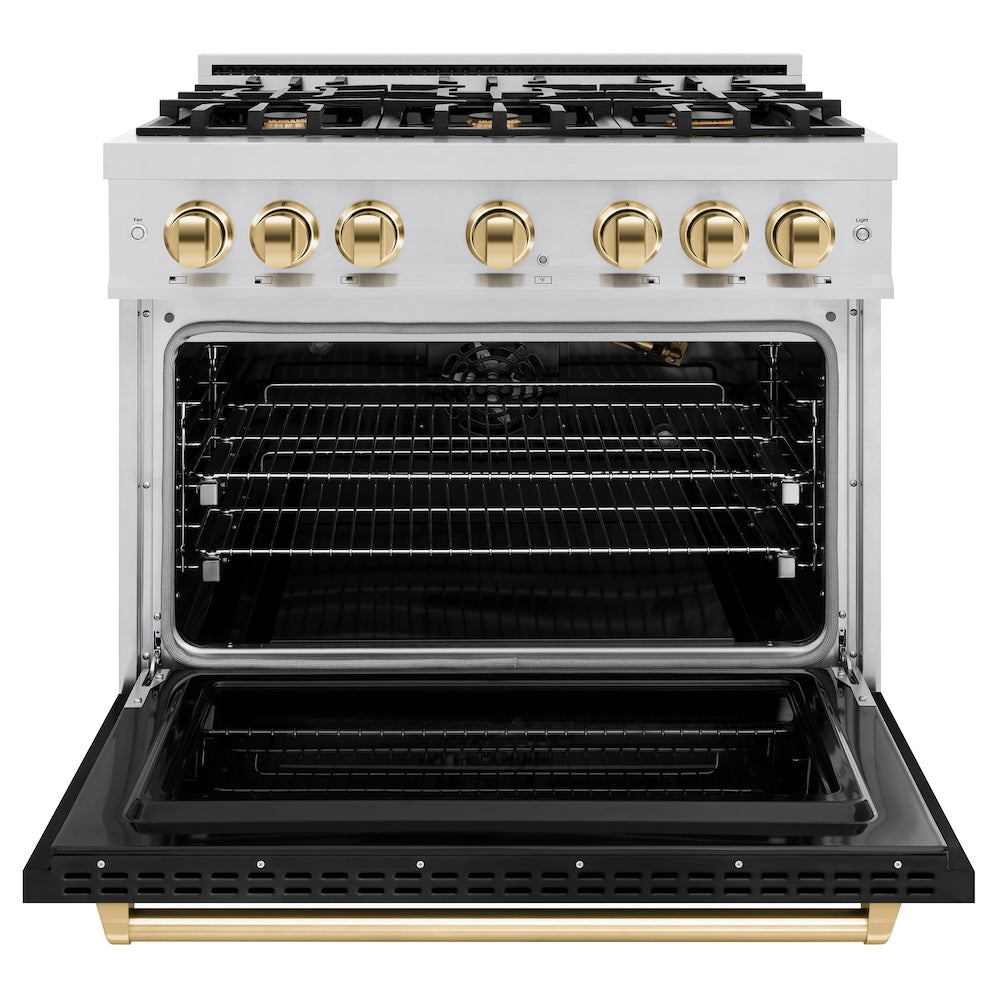 Autograph Edition 36 In. 5.2 Cu. Ft. Classic Gas Range With 6 Burner Cooktop And Convection Gas Oven In Stainless Steel With Black Matte Door And Polished Gold Accents CGRZBLM36G