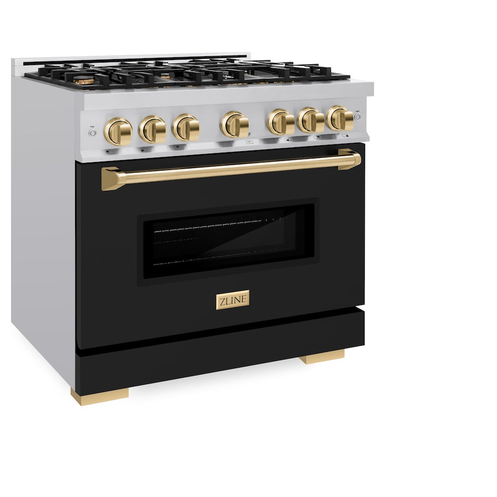 Autograph Edition 36 In. 5.2 Cu. Ft. Classic Gas Range With 6 Burner Cooktop And Convection Gas Oven In Stainless Steel With Black Matte Door And Polished Gold Accents CGRZBLM36G