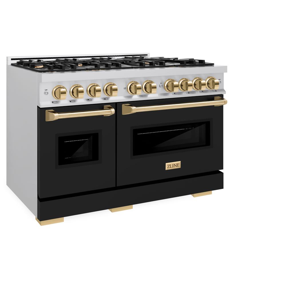 Autograph Edition 48 In. 6.7 Cu. Ft. Classic Double Oven Gas Range With 8 Burner Cooktop In Stainless Steel With Black Matte Doors And Polished Gold Accents CGRZBLM48G