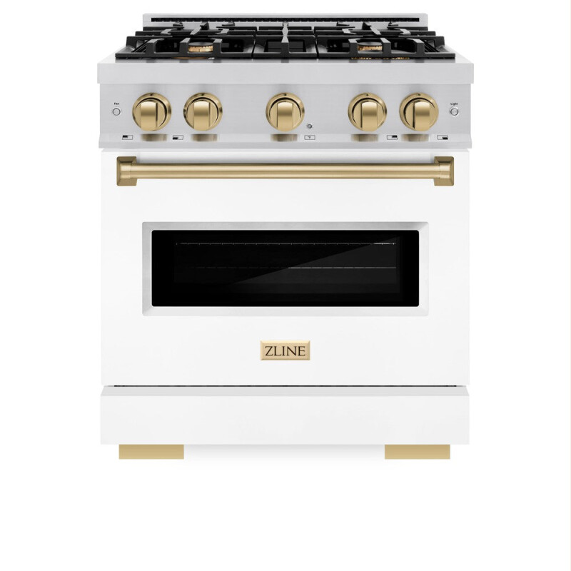 Autograph Edition 30 In. 4.2 Cu. Ft. Classic Gas Range With 4 Burner Cooktop And Convection Gas Oven In Stainless Steel With White Matte Door And Champagne Bronze Accents CGRZWM30CB