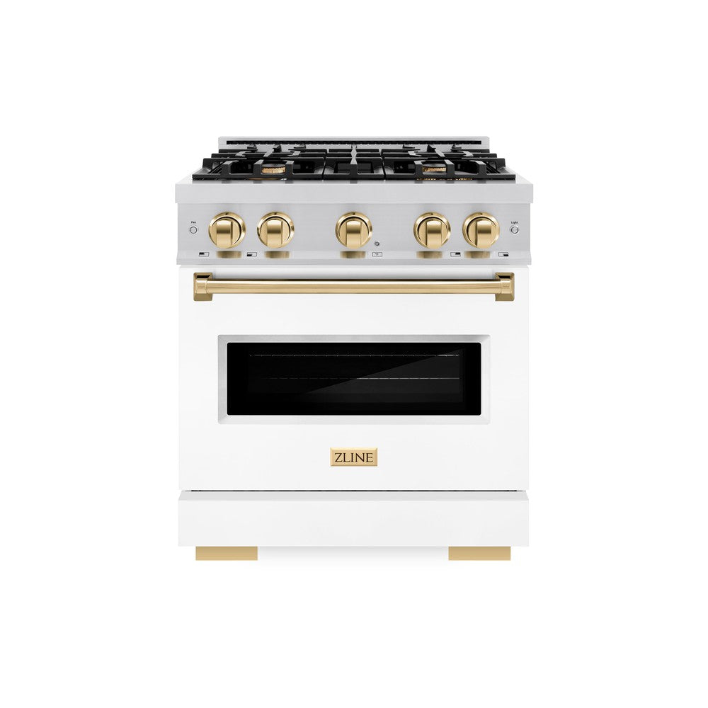 Autograph Edition 30 In. 4.2 Cu. Ft. Classic Gas Range With 4 Burner Cooktop And Convection Gas Oven In Stainless Steel With White Matte Door And Polished Gold Accents CGRZWM30G