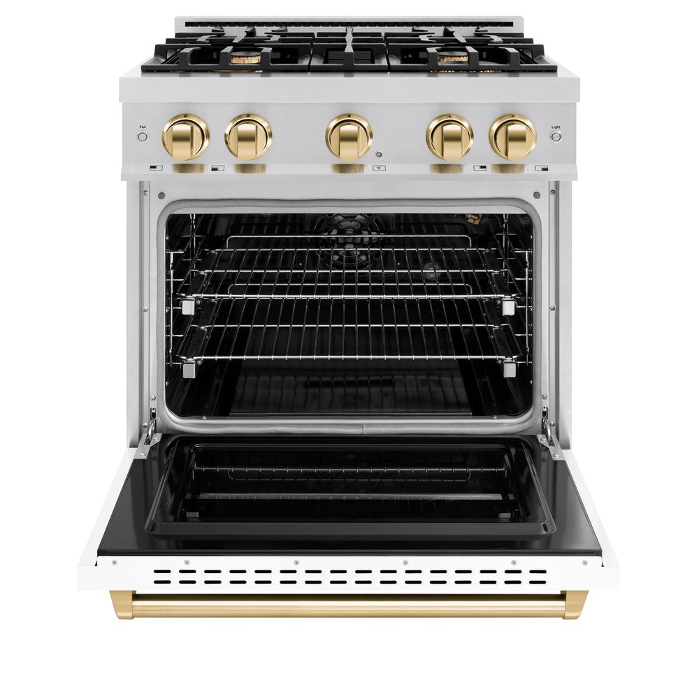 Autograph Edition 30 In. 4.2 Cu. Ft. Classic Gas Range With 4 Burner Cooktop And Convection Gas Oven In Stainless Steel With White Matte Door And Polished Gold Accents CGRZWM30G