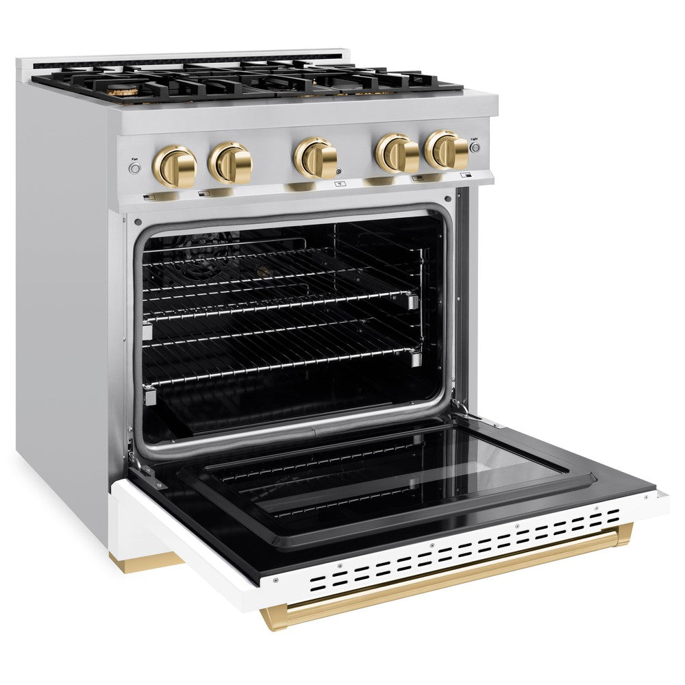 Autograph Edition 30 In. 4.2 Cu. Ft. Classic Gas Range With 4 Burner Cooktop And Convection Gas Oven In Stainless Steel With White Matte Door And Polished Gold Accents CGRZWM30G