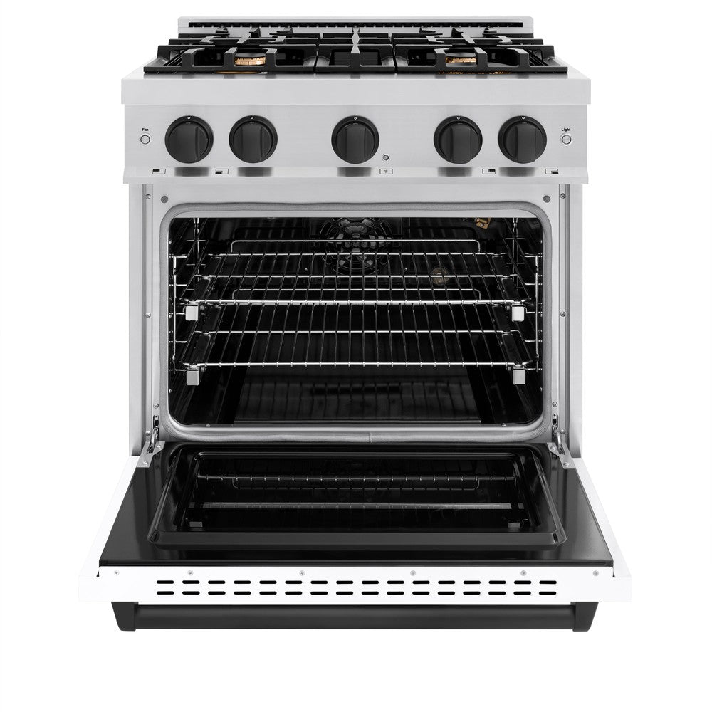 Autograph Edition 30 In. 4.2 Cu. Ft. Classic Gas Range With 4 Burner Cooktop And Convection Gas Oven In Stainless Steel With White Matte Door And Matte Black Accents CGRZWM30MB