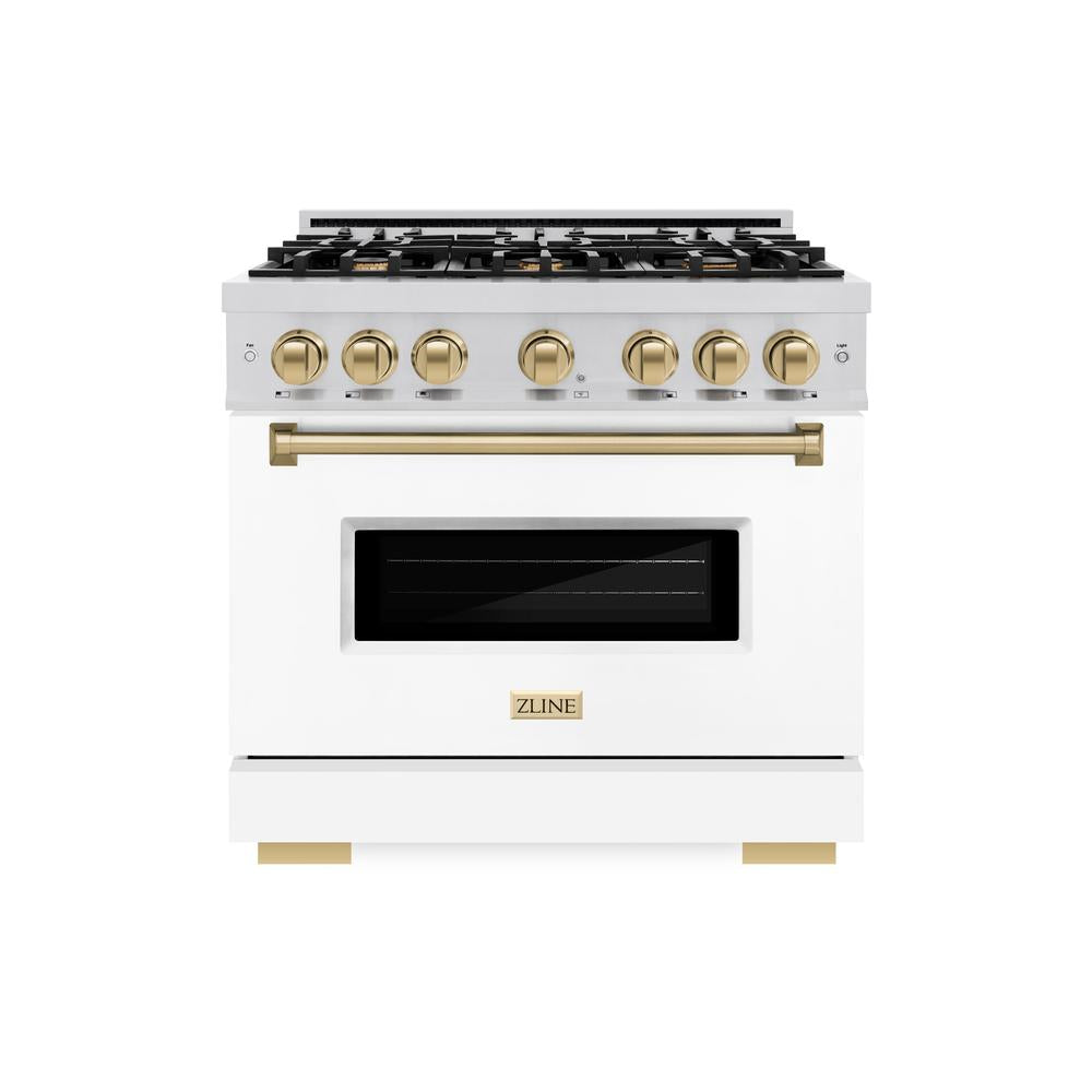 Autograph Edition 36 In. 5.2 Cu. Ft. Classic Gas Range With 6 Burner Cooktop And Convection Gas Oven In Stainless Steel With White Matte Door And Champagne Bronze Accents CGRZWM36CB