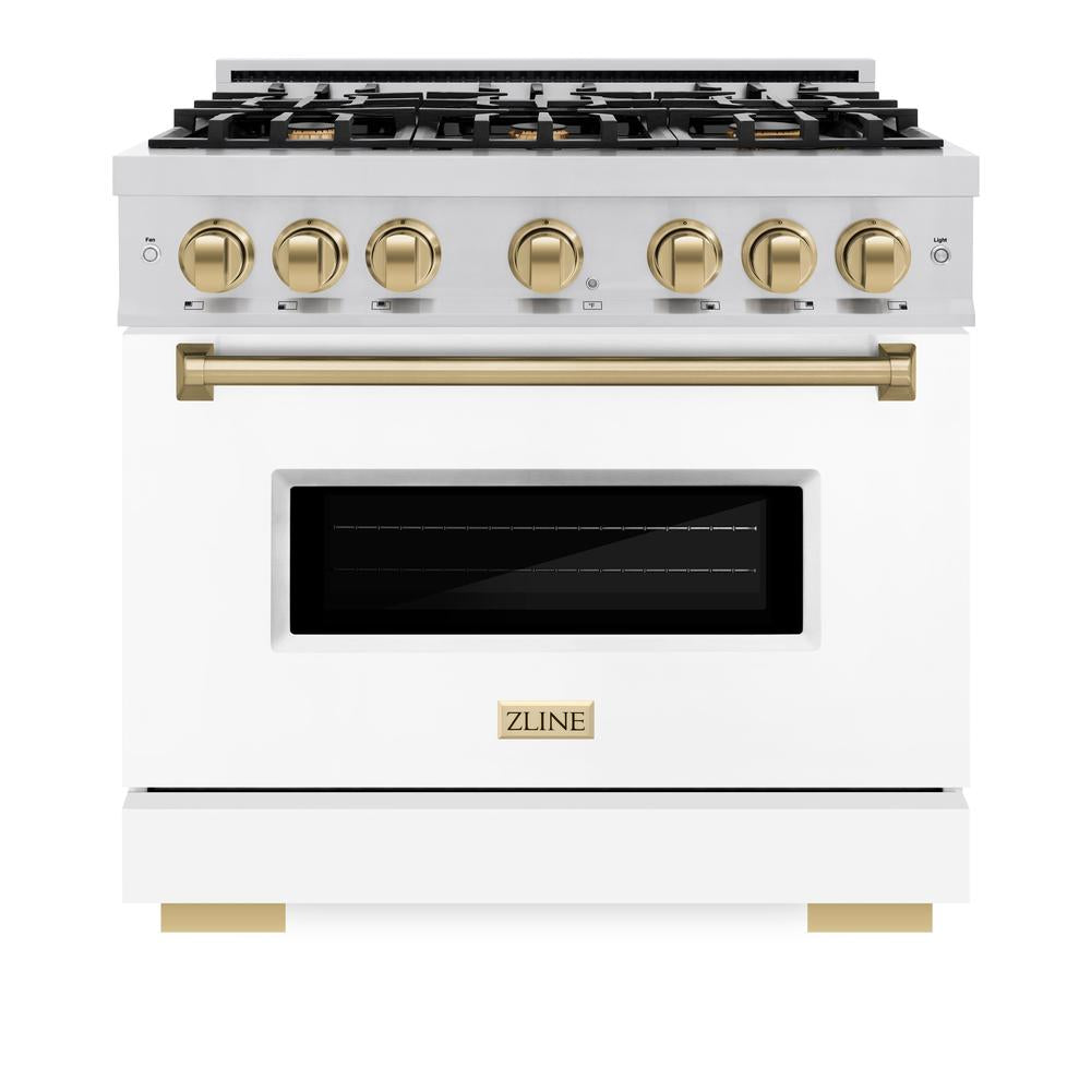 Autograph Edition 36 In. 5.2 Cu. Ft. Classic Gas Range With 6 Burner Cooktop And Convection Gas Oven In Stainless Steel With White Matte Door And Champagne Bronze Accents CGRZWM36CB
