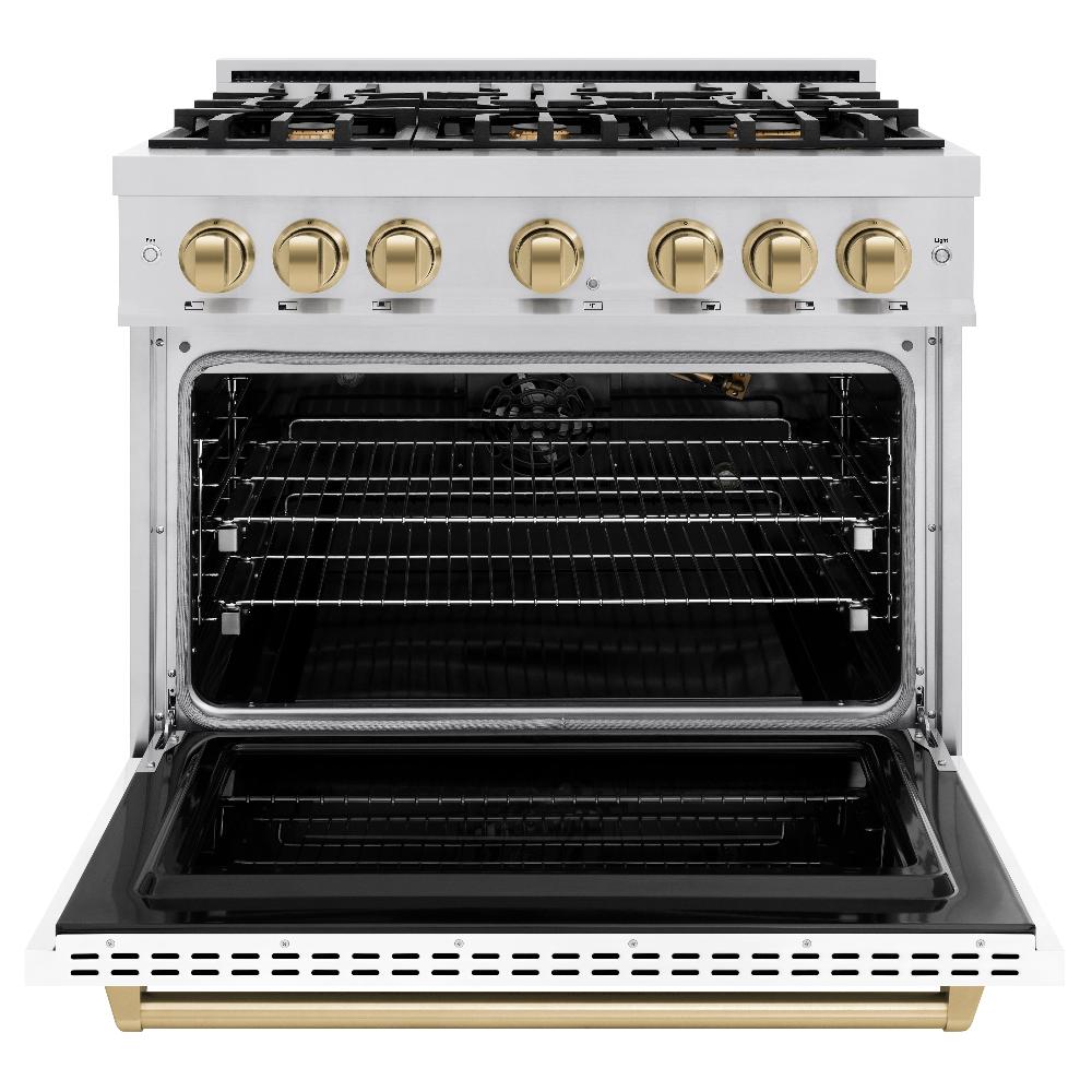 Autograph Edition 36 In. 5.2 Cu. Ft. Classic Gas Range With 6 Burner Cooktop And Convection Gas Oven In Stainless Steel With White Matte Door And Champagne Bronze Accents CGRZWM36CB