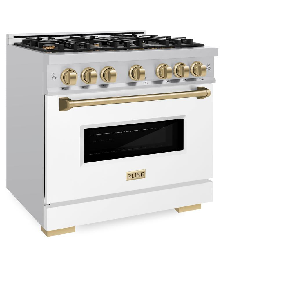 Autograph Edition 36 In. 5.2 Cu. Ft. Classic Gas Range With 6 Burner Cooktop And Convection Gas Oven In Stainless Steel With White Matte Door And Champagne Bronze Accents CGRZWM36CB