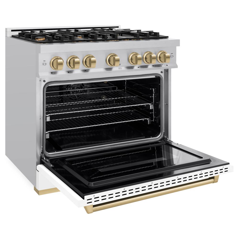 Autograph Edition 36 In. 5.2 Cu. Ft. Classic Gas Range With 6 Burner Cooktop And Convection Gas Oven In Stainless Steel With White Matte Door And Champagne Bronze Accents CGRZWM36CB