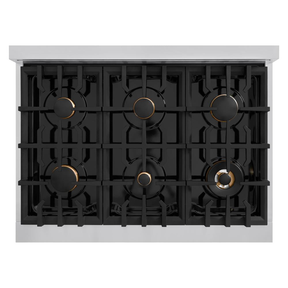 Autograph Edition 36 In. 5.2 Cu. Ft. Classic Gas Range With 6 Burner Cooktop And Convection Gas Oven In Stainless Steel With White Matte Door And Champagne Bronze Accents CGRZWM36CB