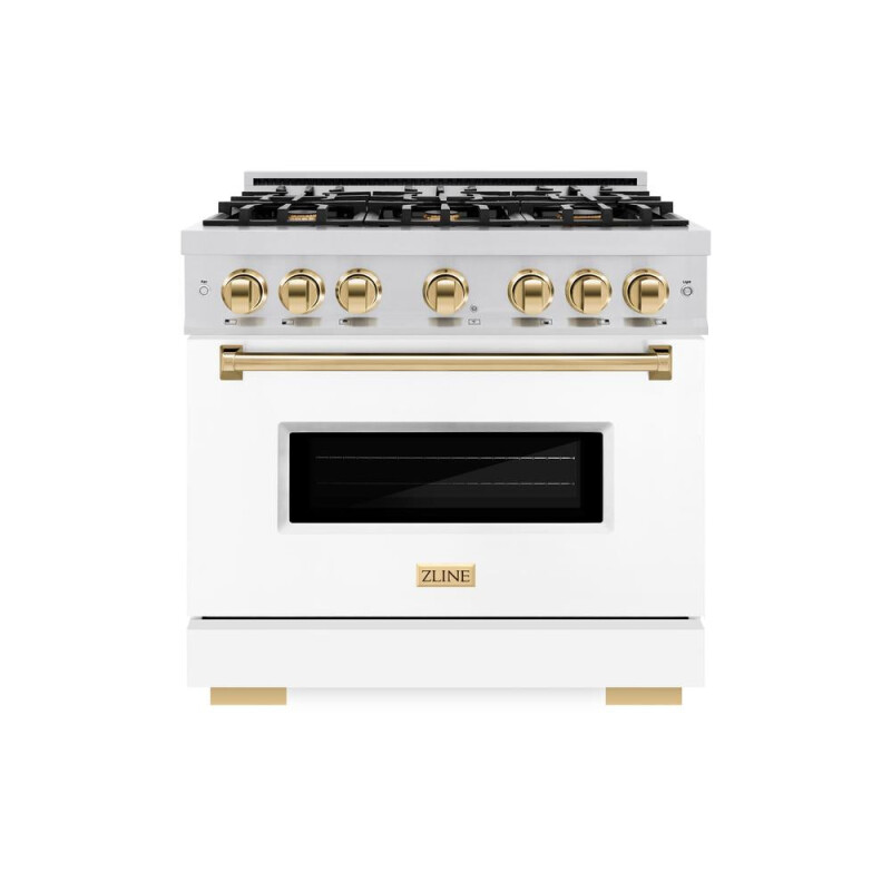 Autograph Edition 36 In. 5.2 Cu. Ft. Classic Gas Range With 6 Burner Cooktop And Convection Gas Oven In Stainless Steel With White Matte Door And Polished Gold Accents CGRZWM36G