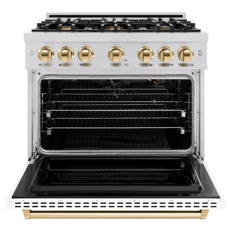 Autograph Edition 36 In. 5.2 Cu. Ft. Classic Gas Range With 6 Burner Cooktop And Convection Gas Oven In Stainless Steel With White Matte Door And Polished Gold Accents CGRZWM36G