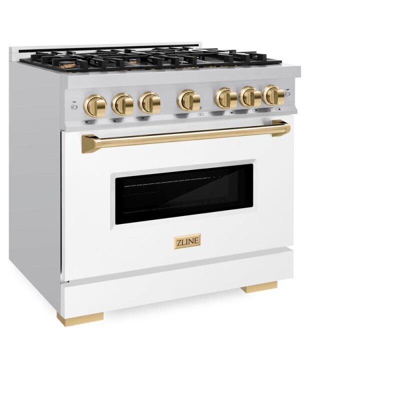 Autograph Edition 36 In. 5.2 Cu. Ft. Classic Gas Range With 6 Burner Cooktop And Convection Gas Oven In Stainless Steel With White Matte Door And Polished Gold Accents CGRZWM36G