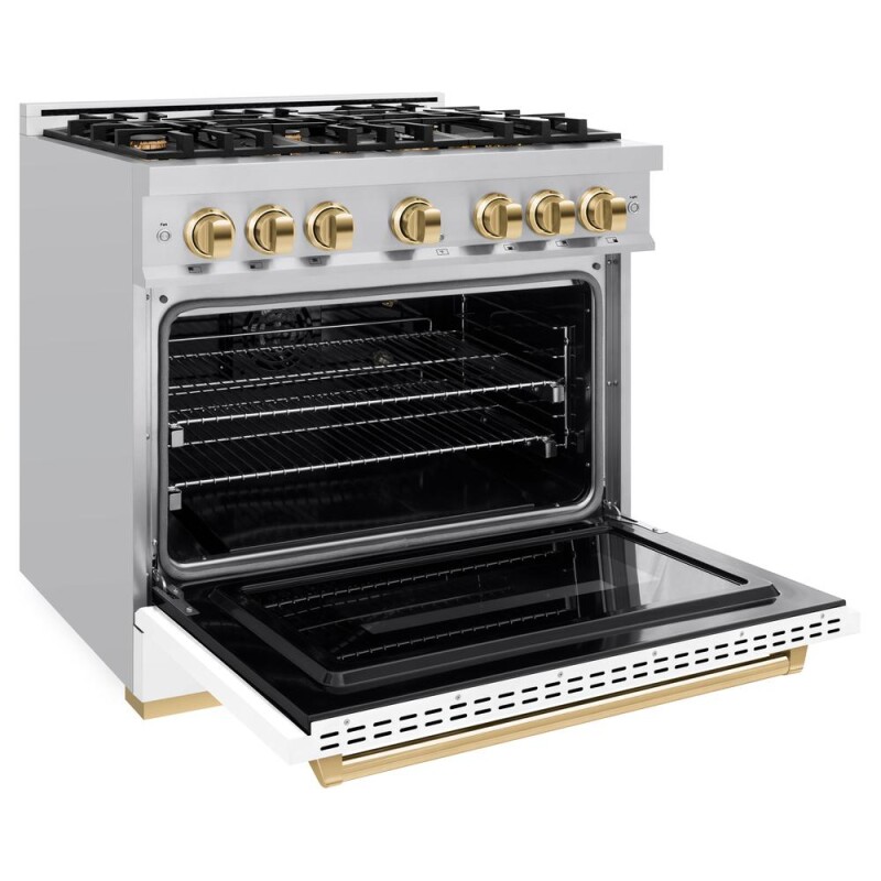 Autograph Edition 36 In. 5.2 Cu. Ft. Classic Gas Range With 6 Burner Cooktop And Convection Gas Oven In Stainless Steel With White Matte Door And Polished Gold Accents CGRZWM36G