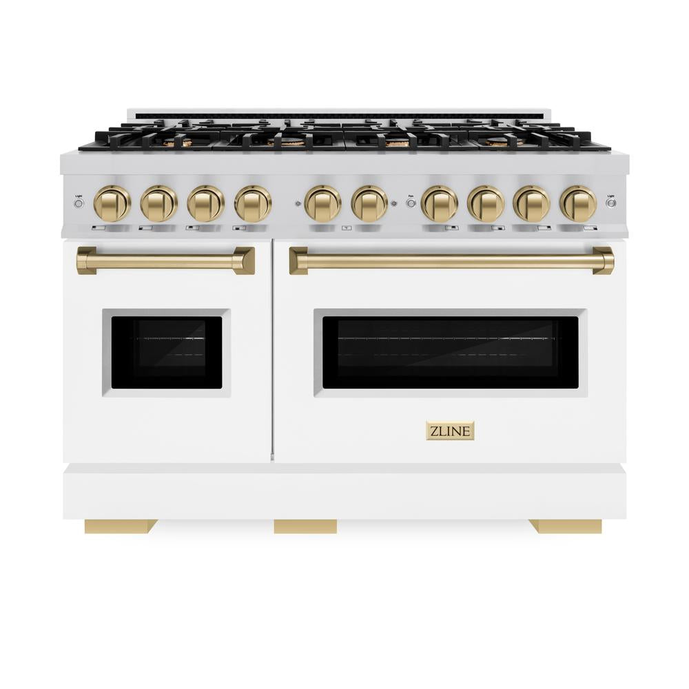Autograph Edition 48 In. 6.7 Cu. Ft. Classic Double Oven Gas Range With 8 Burner Cooktop In Stainless Steel With White Matte Doors And Champagne Bronze Accents CGRZWM48CB