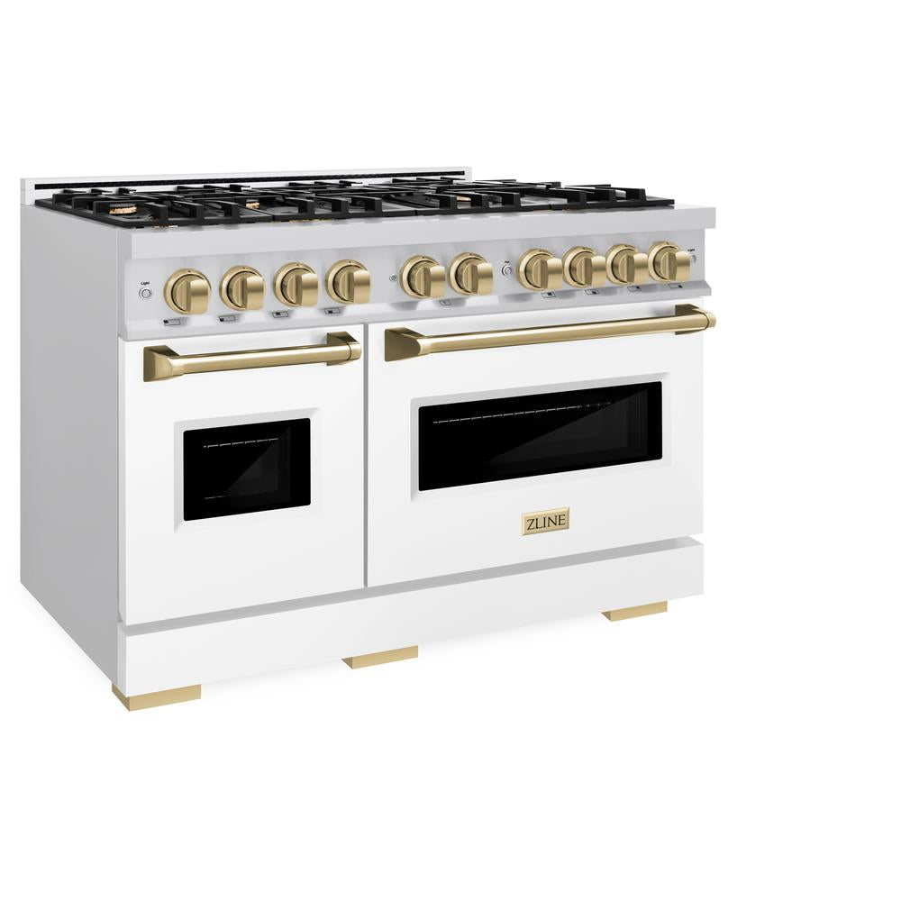 Autograph Edition 48 In. 6.7 Cu. Ft. Classic Double Oven Gas Range With 8 Burner Cooktop In Stainless Steel With White Matte Doors And Champagne Bronze Accents CGRZWM48CB
