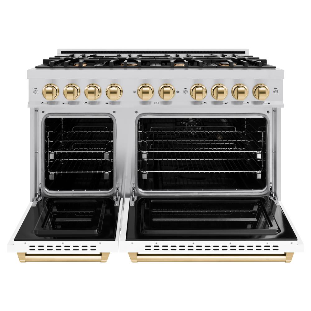 Autograph Edition 48 In. 6.7 Cu. Ft. Classic Double Oven Gas Range With 8 Burner Cooktop In Stainless Steel With White Matte Doors And Polished Gold Accents CGRZWM48G