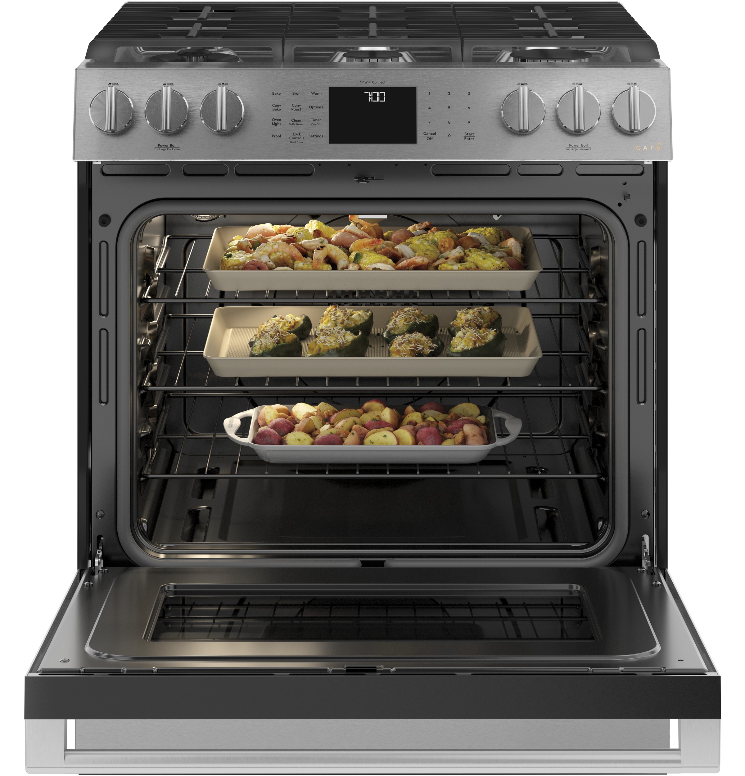 CAFÉ™ 30" Smart Slide-In, Front-Control, Gas Range with Convection Oven in Platinum Glass view 26