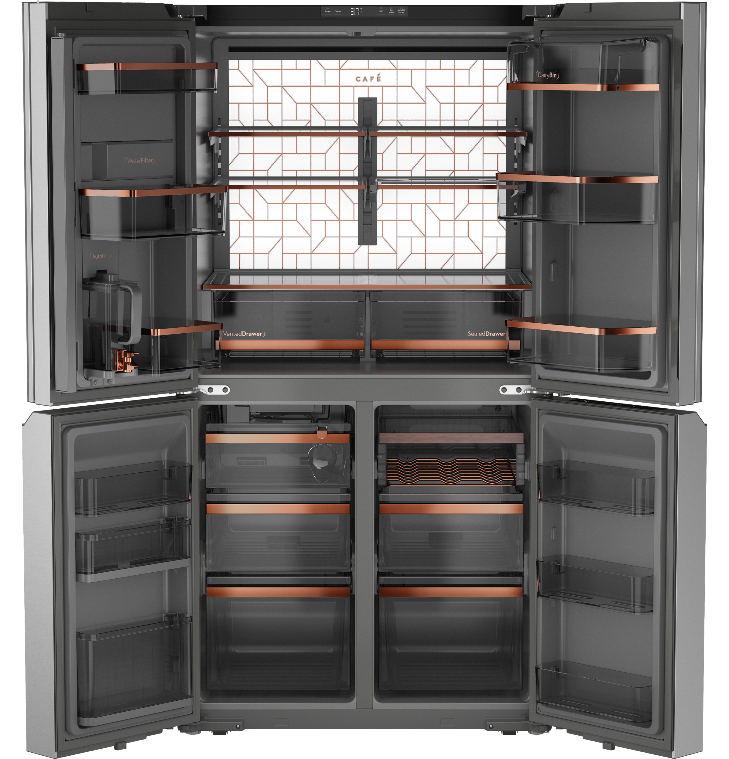 CAFÉ™ ENERGY STAR® 22.9 Cu. Ft. Smart Counter-Depth Quad-Door Refrigerator in Platinum Glass with Dual-Dispense AutoFill Pitcher view 18