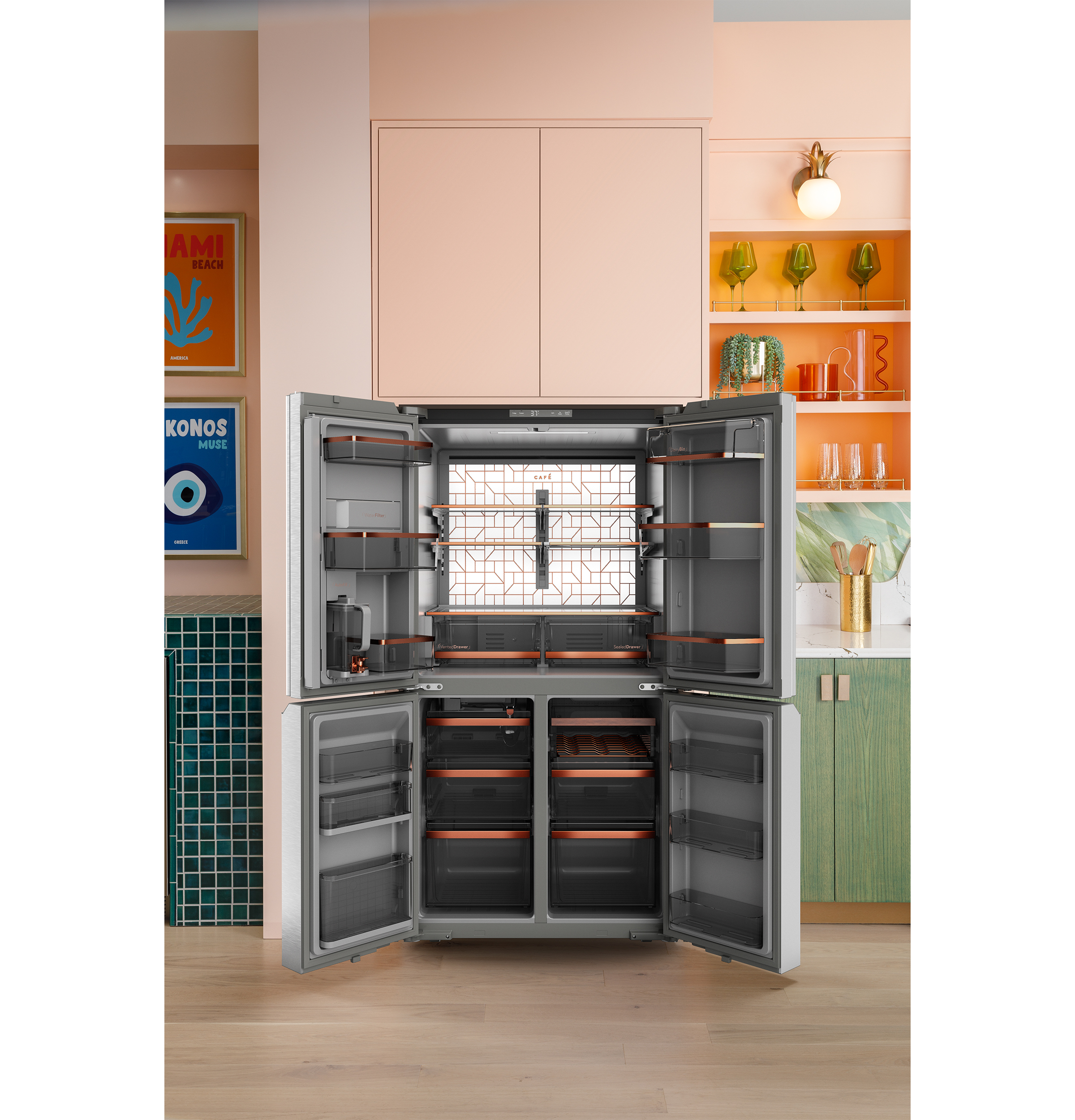 CAFÉ™ ENERGY STAR® 22.9 Cu. Ft. Smart Counter-Depth Quad-Door Refrigerator in Platinum Glass with Dual-Dispense AutoFill Pitcher view 15