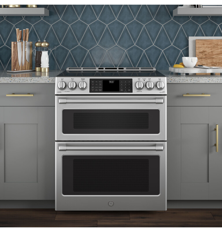 GE Series 30" Slide-In Front Control Induction and Convection Double Oven Range CHS995SELSS