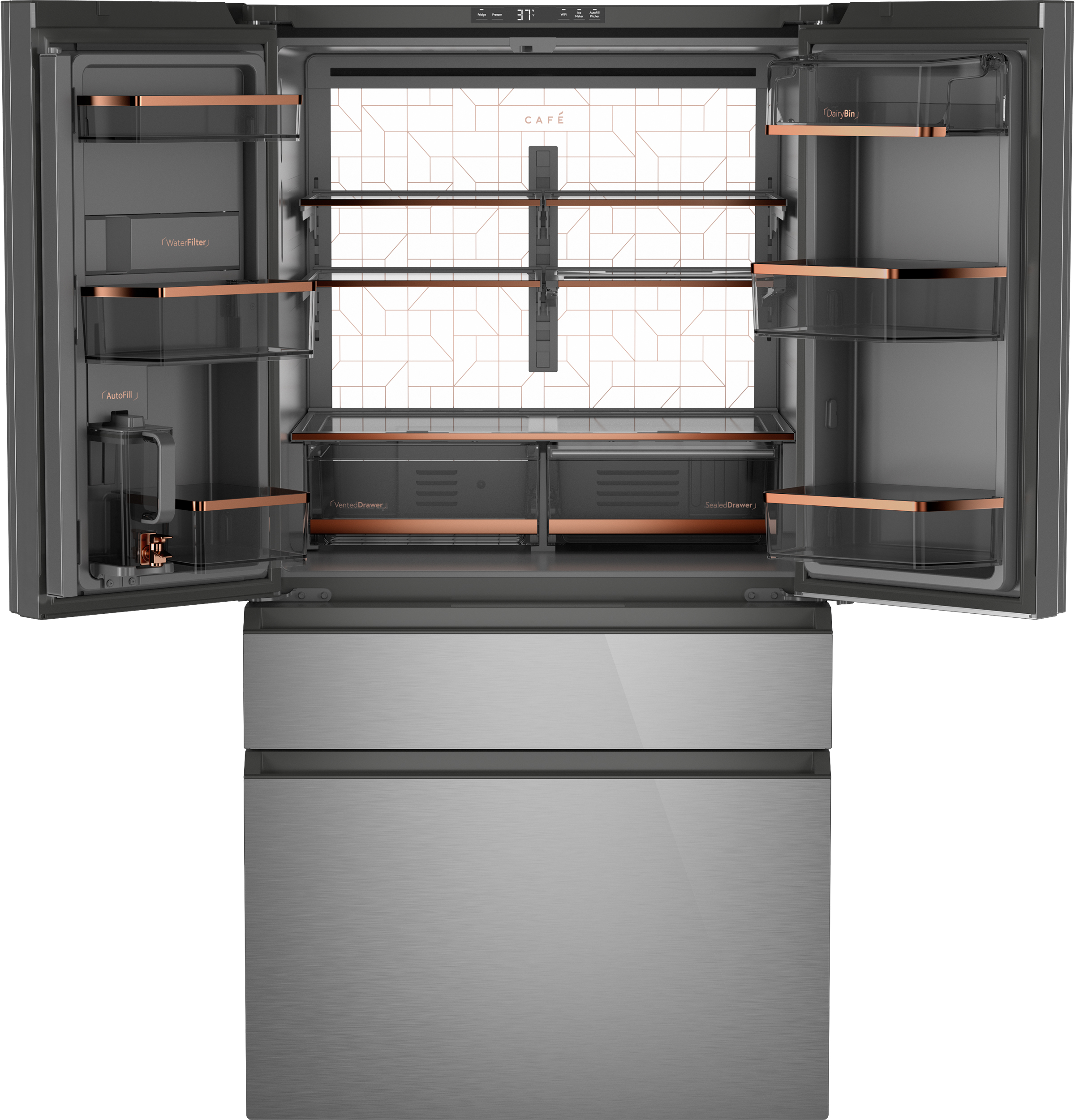 CAFÉ™ ENERGY STAR® 23.2 Cu. Ft. Smart Counter-Depth 4-Door French-Door Refrigerator in Platinum Glass With Dual-Dispense AutoFill Pitcher view 16