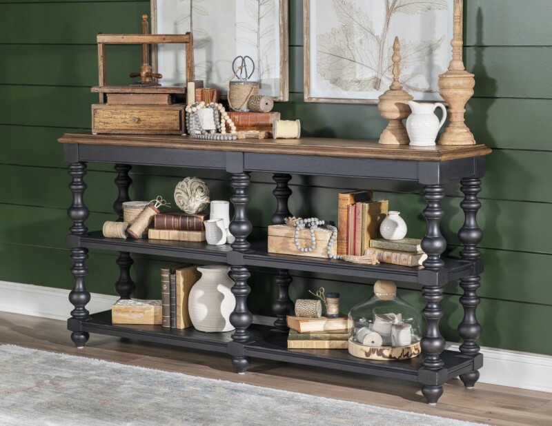 Vintage Market AT Turned Bobbin Leg Console Table Barnwood Oak And Kettle Black CLH4016-106 CLH4016106