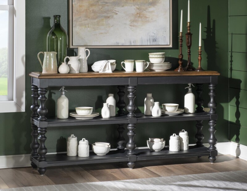 Vintage Market AT Turned Bobbin Leg Console Table Barnwood Oak And Kettle Black CLH4016-106 CLH4016106