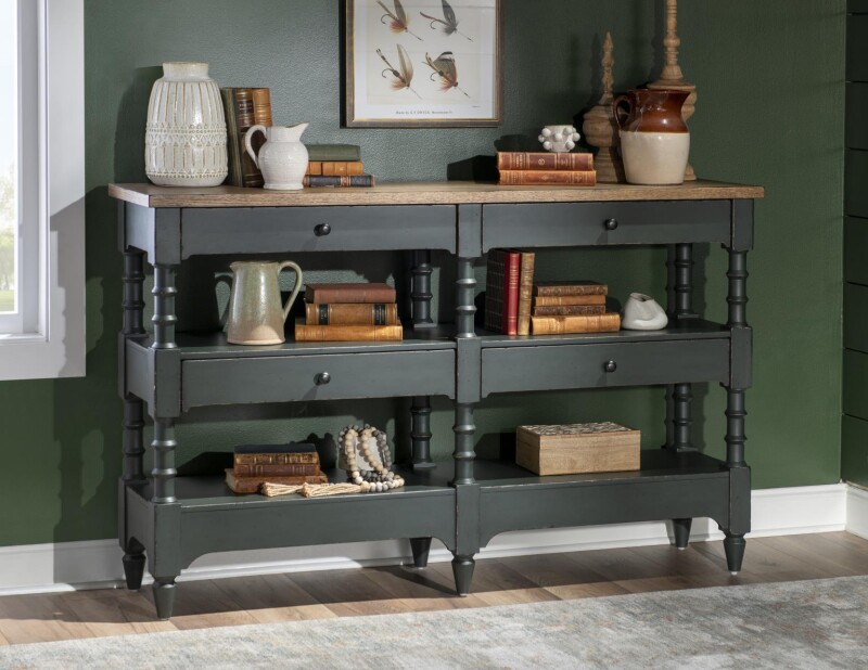 Vintage Market AT Turned Leg Console Storage Table 4 Drw Barnwood Oak And Mallard Green CLH4018-706 CLH4018706