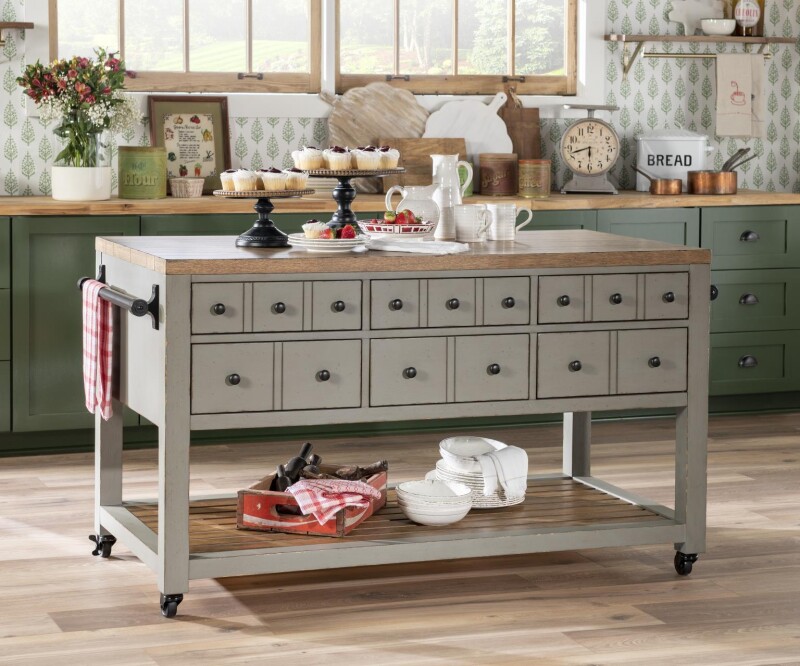 Kitchen Island 6 Drw W/casters Barnwood Oak And Northern Moss CLH4019-190 CLH4019190