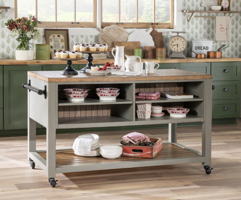 Kitchen Island 6 Drw W/casters Barnwood Oak And Northern Moss CLH4019-190 CLH4019190