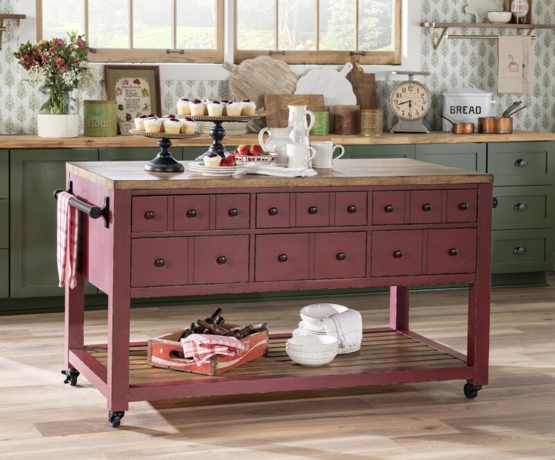 Kitchen Island 6 Drw W/casters Barnwood Oak And Spiced Apple CLH4020-190 CLH4020190