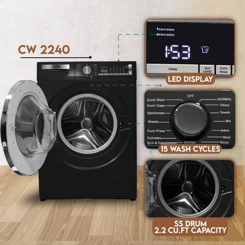 ConServ Washer 2.2cf AUTOSENSE 1400 RPM 15 programs Sanitize LED Display 110V CW2240MATTEBLACK