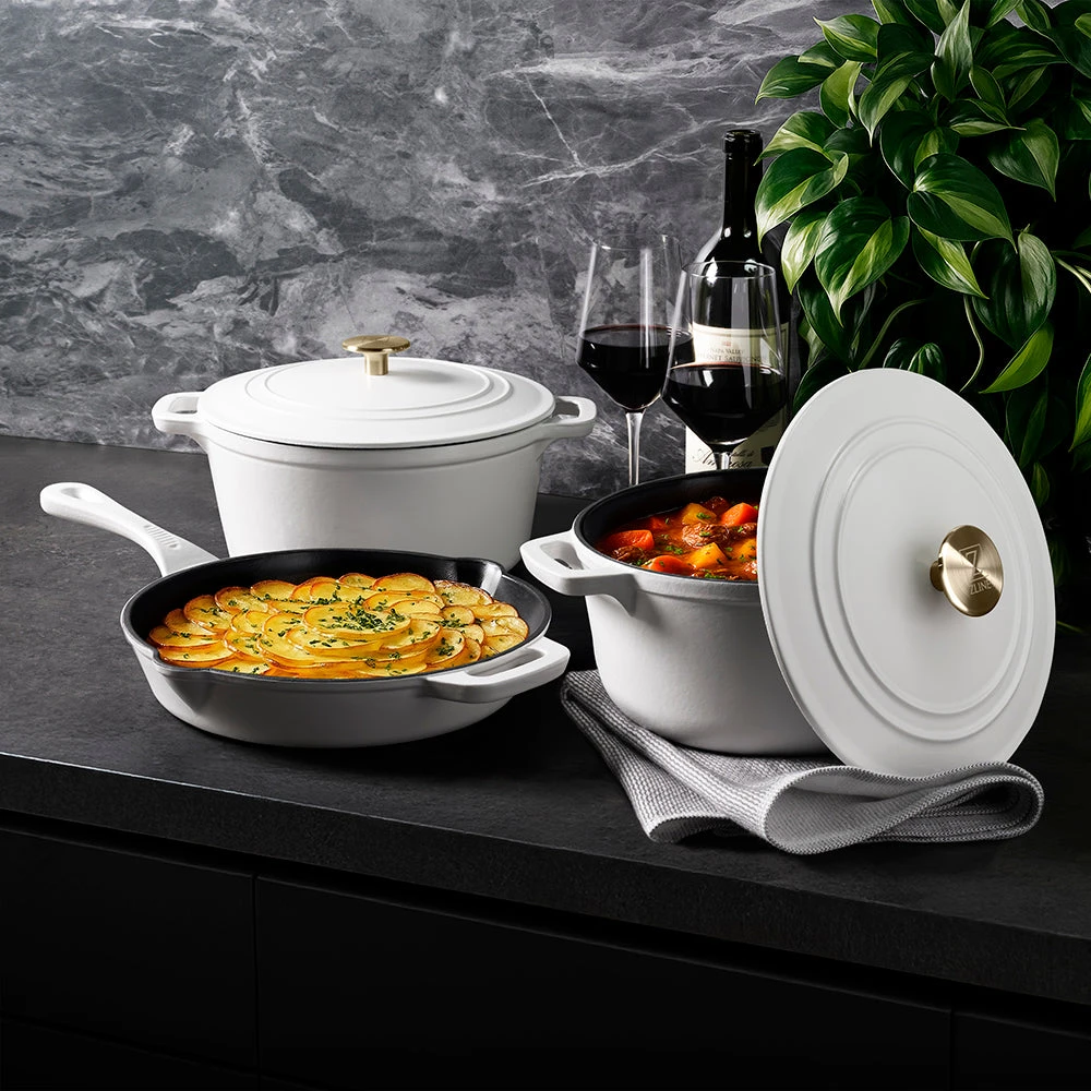 5-Piece Enameled Cast Iron Cookware Set in White Matte CWSETSWM5