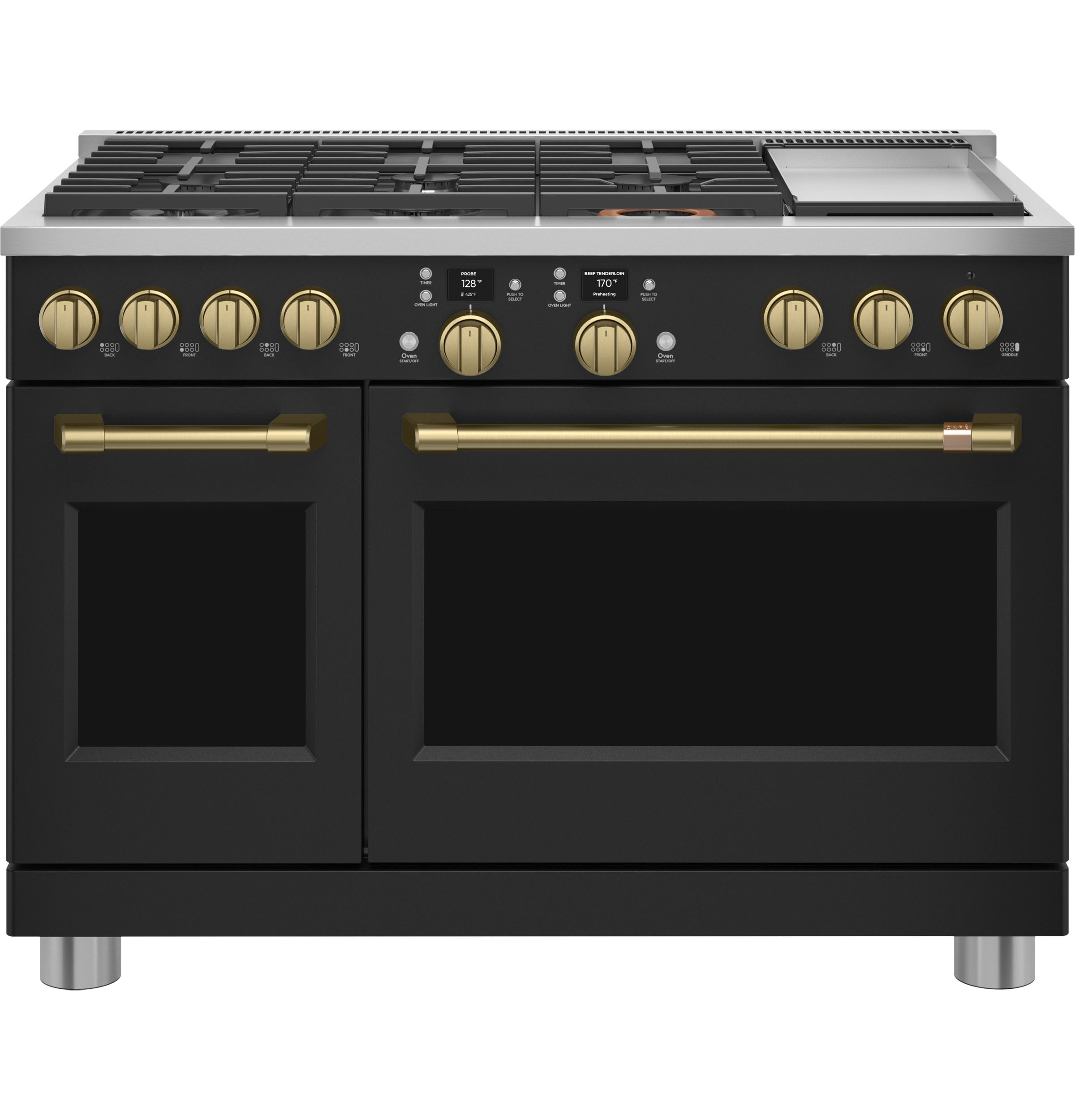 CAFÉ™ 48” Brushed Brass Handle & Knob Set for Pro Range and Rangetop view 4