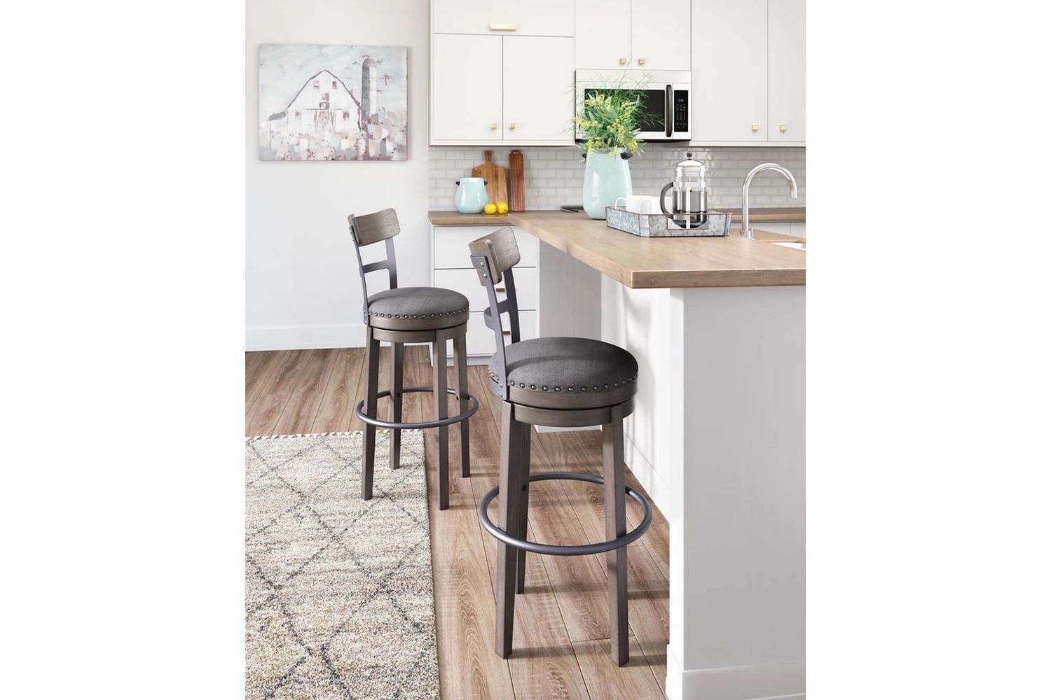 Caitbrook Gray Tall Upholstered Swivel Barstool D388230
