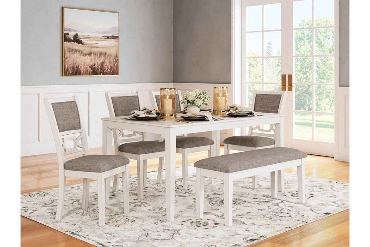 Erinberg Dining Table and 4 Chairs and Bench Set of 6 In Antique White D423325