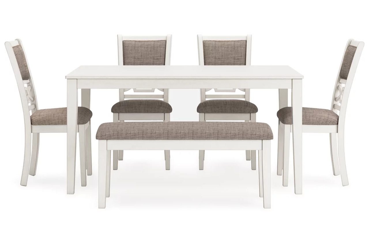 Erinberg Dining Table and 4 Chairs and Bench Set of 6 In Antique White D423325