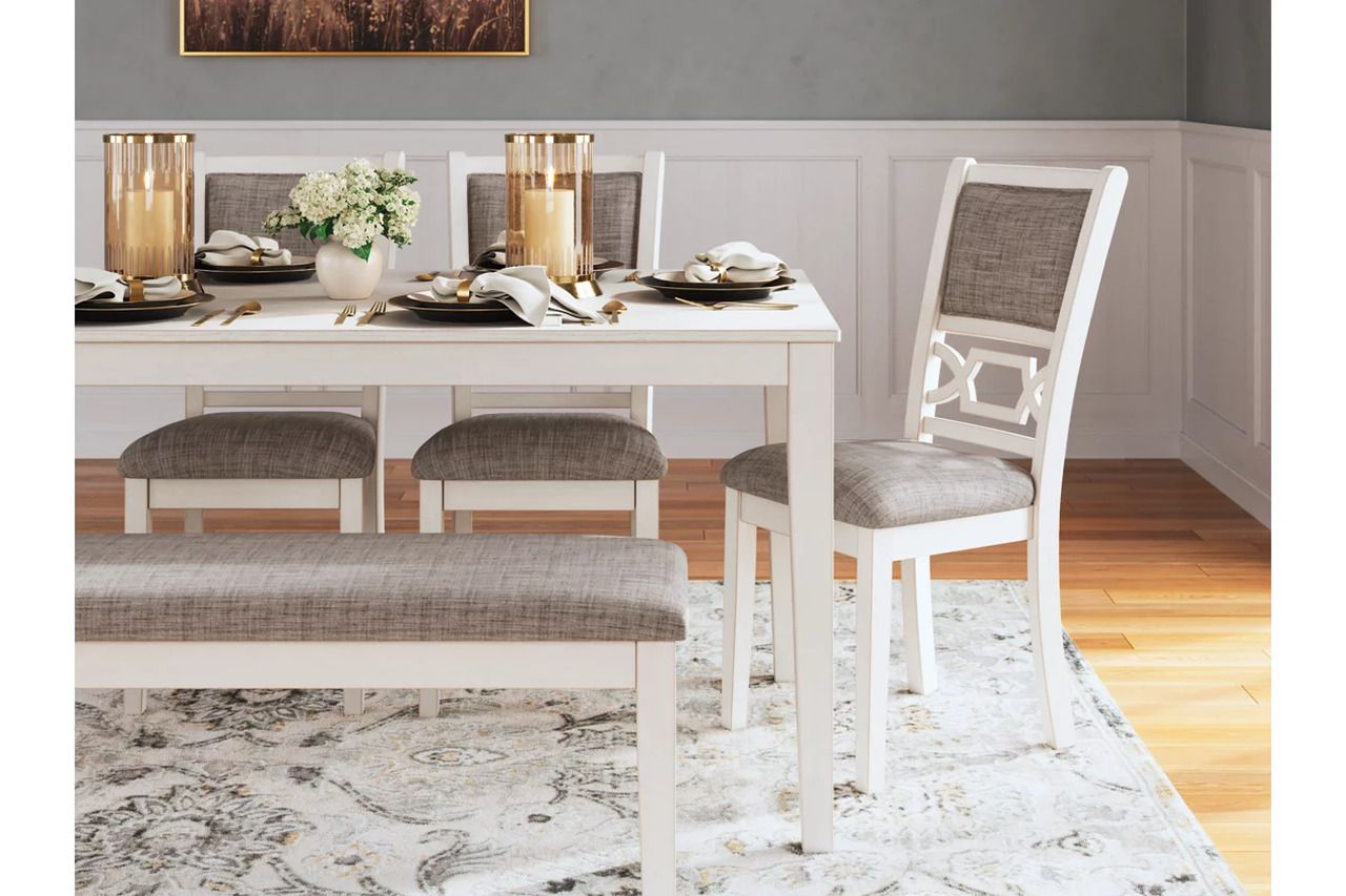 Erinberg Dining Table and 4 Chairs and Bench Set of 6 In Antique White D423325